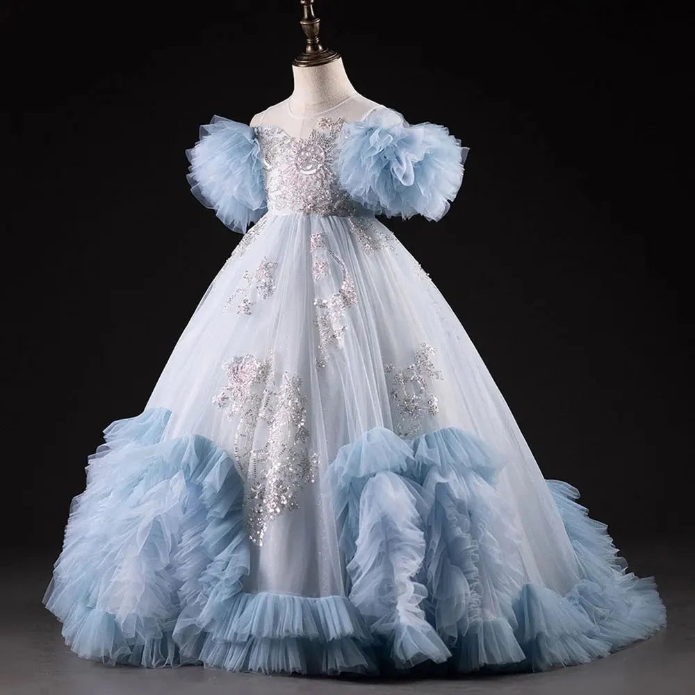 Luxury Blue Dubai Flower Girl Dress Beading Arabic J387