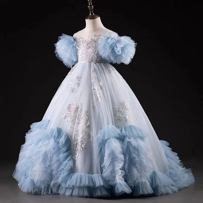 Luxury Blue Dubai Flower Girl Dress Beading Arabic J387