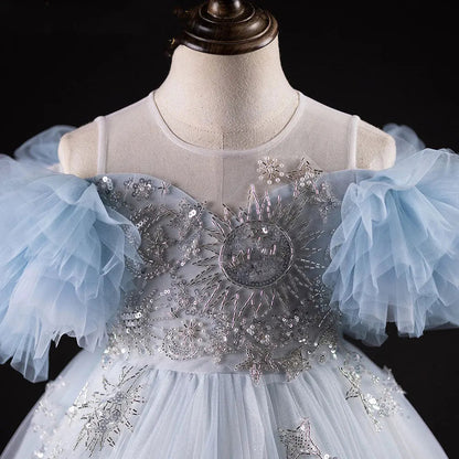 Luxury Blue Dubai Flower Girl Dress Beading Arabic J387