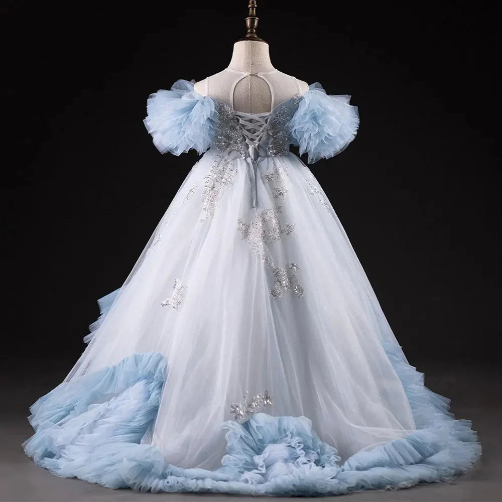 Luxury Blue Dubai Flower Girl Dress Beading Arabic J387