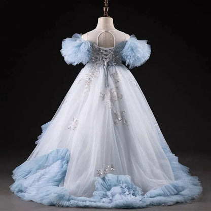 Luxury Blue Dubai Flower Girl Dress Beading Arabic J387