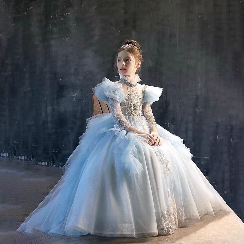 Luxury Blue Dubai Girl Dress Beaded Pearls Arabic J378