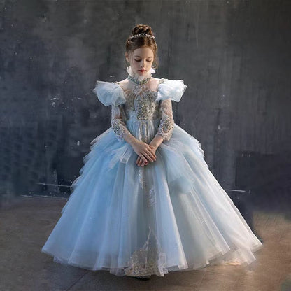 Luxury Blue Dubai Girl Dress Beaded Pearls Arabic J378