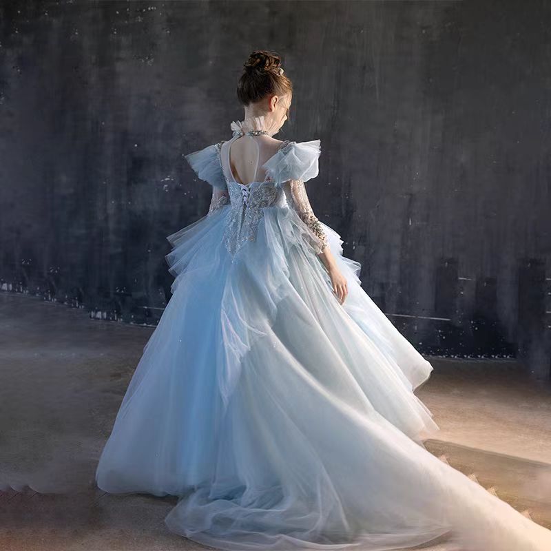 Luxury Blue Dubai Girl Dress Beaded Pearls Arabic J378