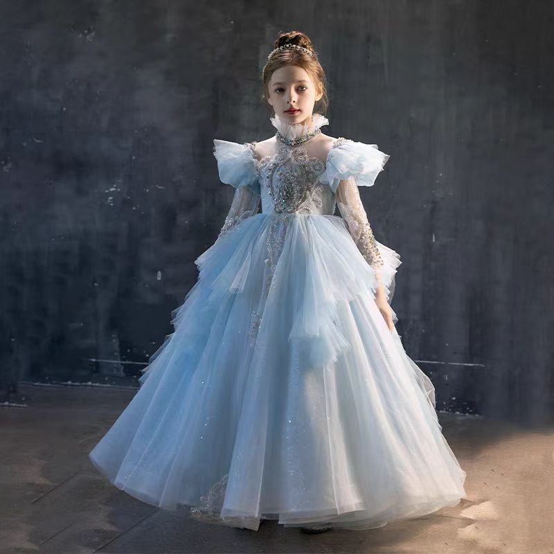 Luxury Blue Dubai Girl Dress Beaded Pearls Arabic J378