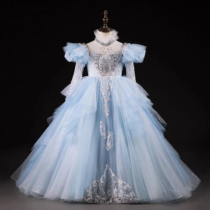 Luxury Blue Dubai Girl Dress Beaded Pearls Arabic J378