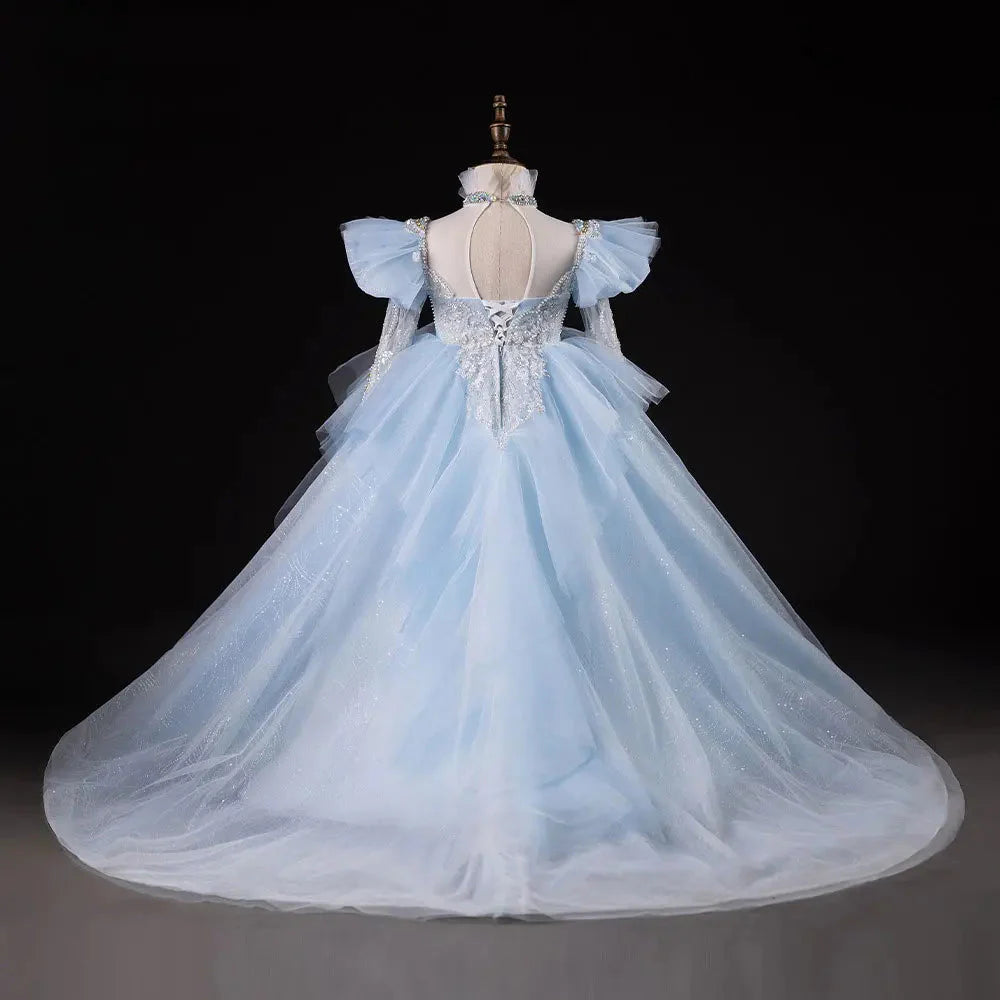 Luxury Blue Dubai Girl Dress Beaded Pearls Arabic J378