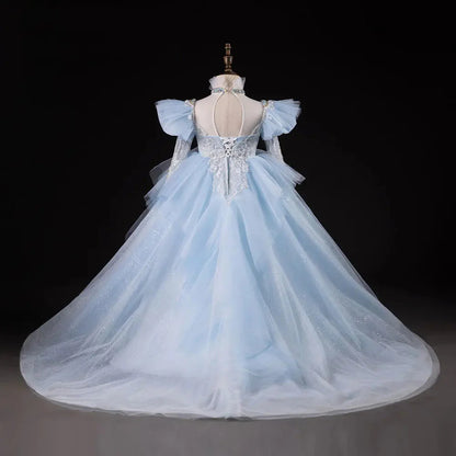 Luxury Blue Dubai Girl Dress Beaded Pearls Arabic J378