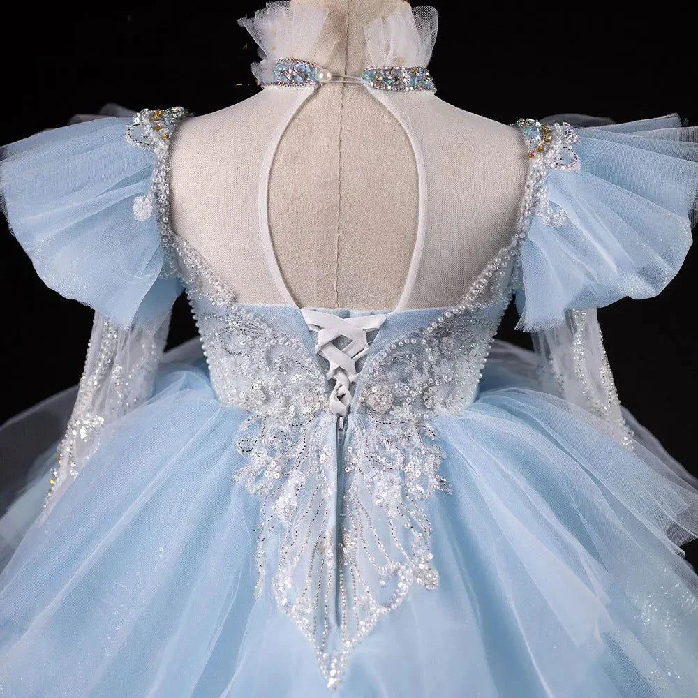 Luxury Blue Dubai Girl Dress Beaded Pearls Arabic J378