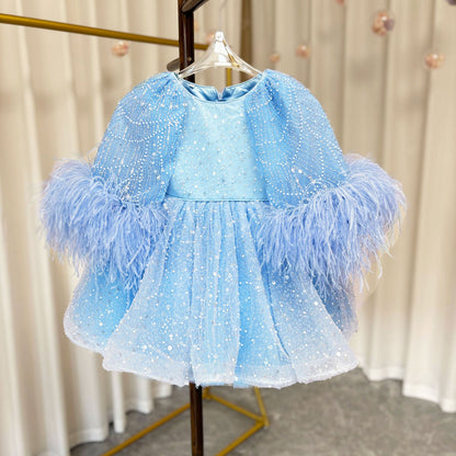 Luxury Blue Girl Dress Feathers Cap Sleeve Kid Princess J170