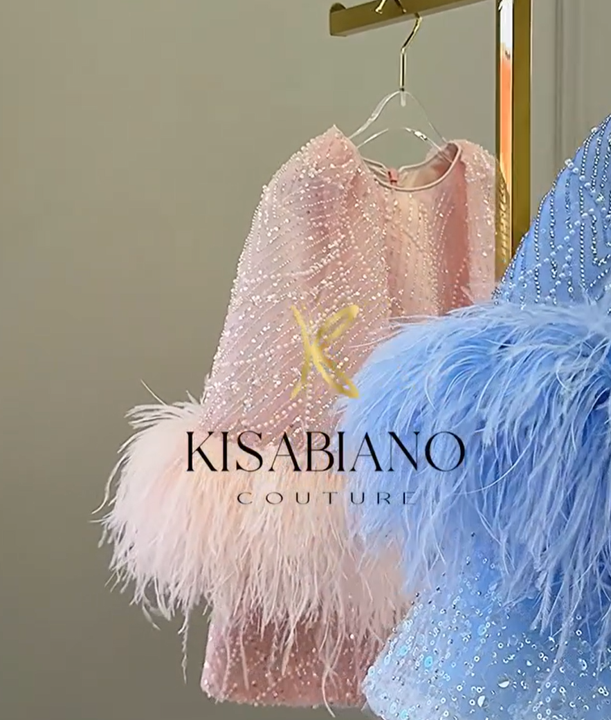 Luxury Blue Girl Dress Feathers Cap Sleeve Kid Princess J170