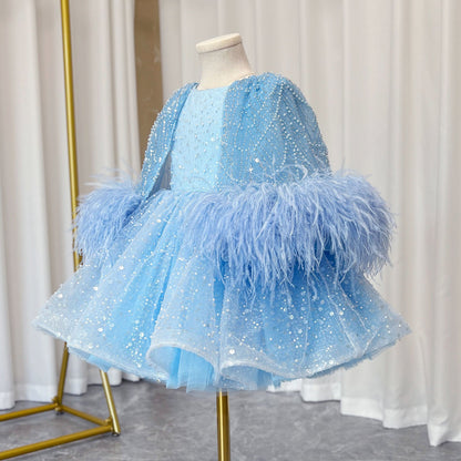 Luxury Blue Girl Dress Feathers Cap Sleeve Kid Princess J170