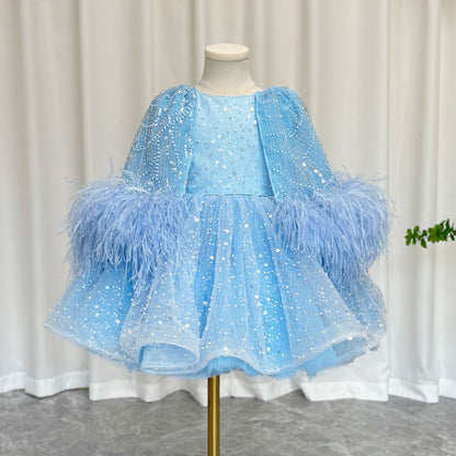 Luxury Blue Girl Dress Feathers Cap Sleeve Kid Princess J170