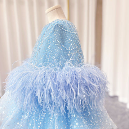 Luxury Blue Girl Dress Feathers Cap Sleeve Kid Princess J170