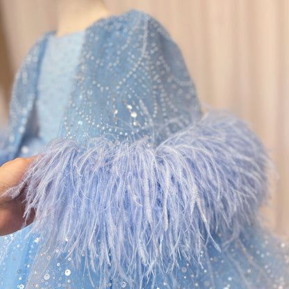 Luxury Blue Girl Dress Feathers Cap Sleeve Kid Princess J170