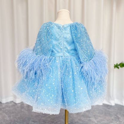 Luxury Blue Girl Dress Feathers Cap Sleeve Kid Princess J170