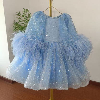 Luxury Blue Girl Dress Feathers Cap Sleeve Kid Princess J170