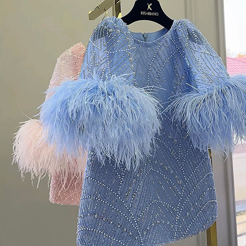 Luxury Blue Girl Dress Feathers Cap Sleeve Kid Princess J170