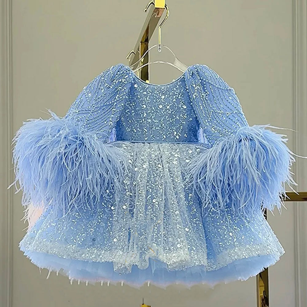 Luxury Blue Girl Dress Feathers Cap Sleeve Kid Princess J170