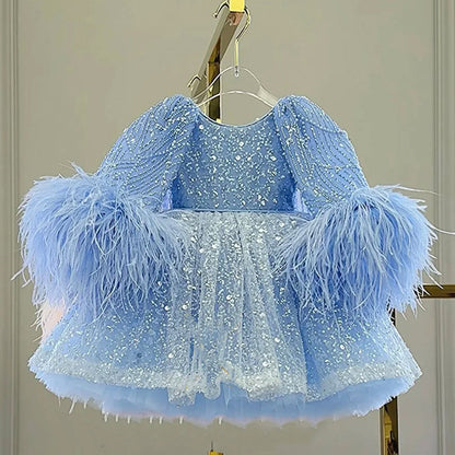 Luxury Blue Girl Dress Feathers Cap Sleeve Kid Princess J170