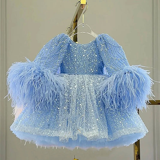 Luxury Blue Girl Dress Feathers Cap Sleeve Kid Princess J170