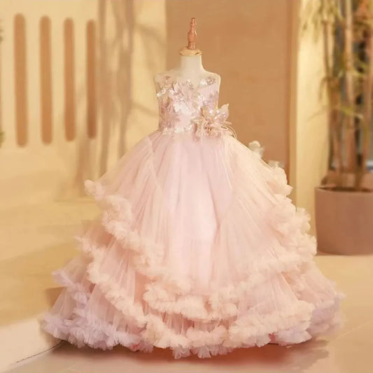 Luxury Blush Flower Girl Dress Feathers Arabic Princess J246