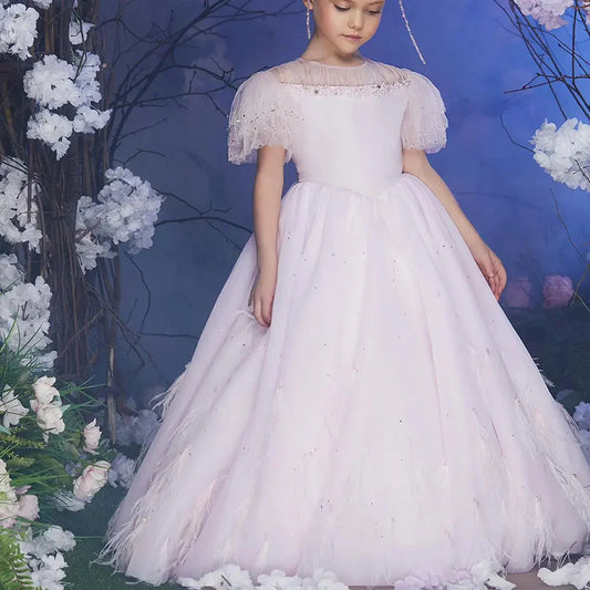 Luxury Blush Pink Girl Dress Feathers Beaded Princess J391