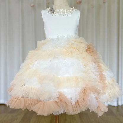 Luxury Champagne Arabic Girl Dress Pearls Dubai Kids J259