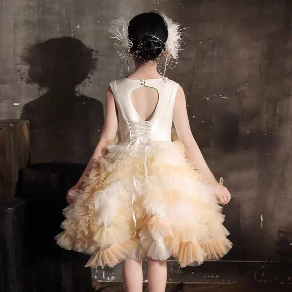 Luxury Champagne Arabic Girl Dress Pearls Dubai Kids J259