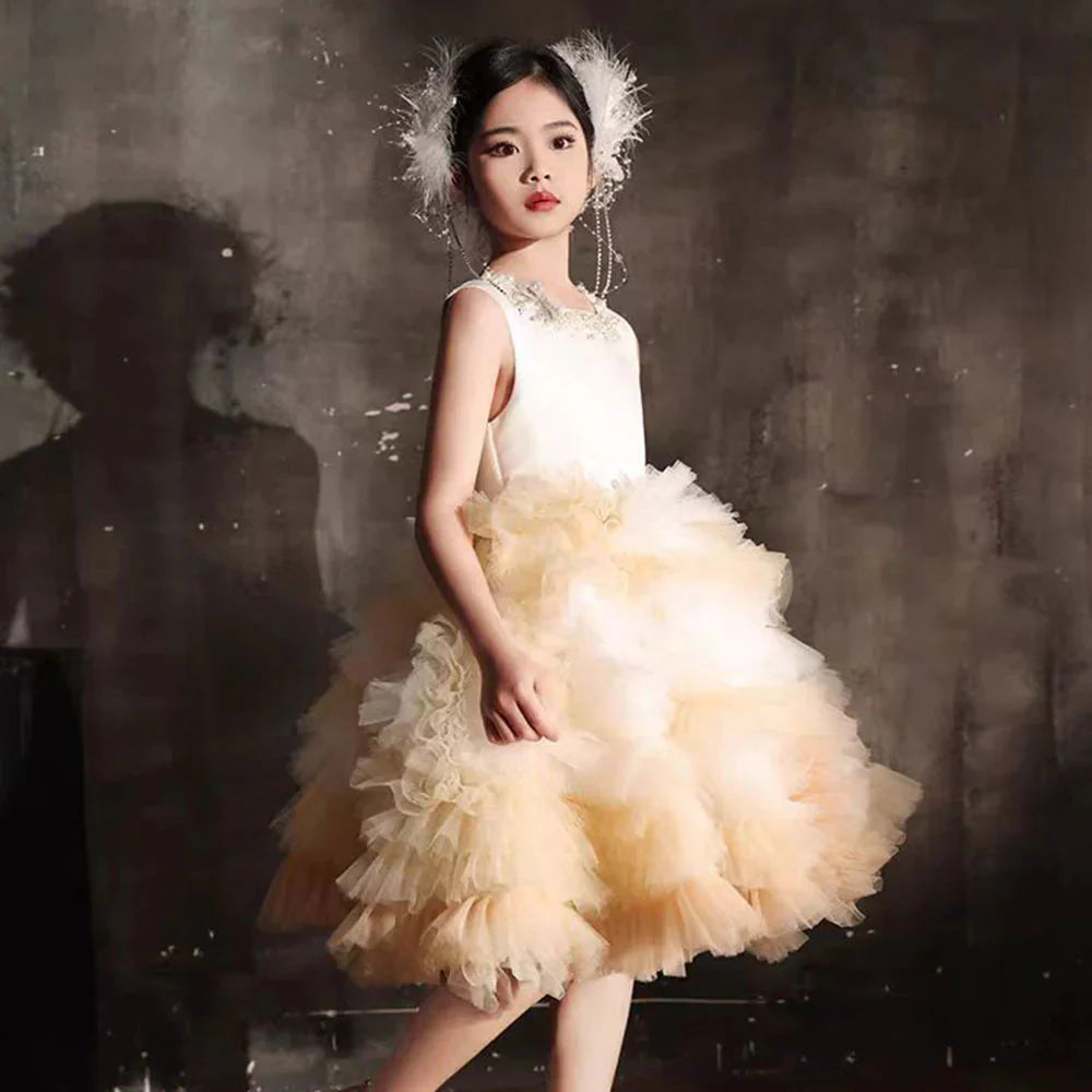 Luxury Champagne Arabic Girl Dress Pearls Dubai Kids J259