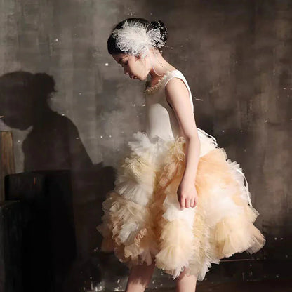 Luxury Champagne Arabic Girl Dress Pearls Dubai Kids J259