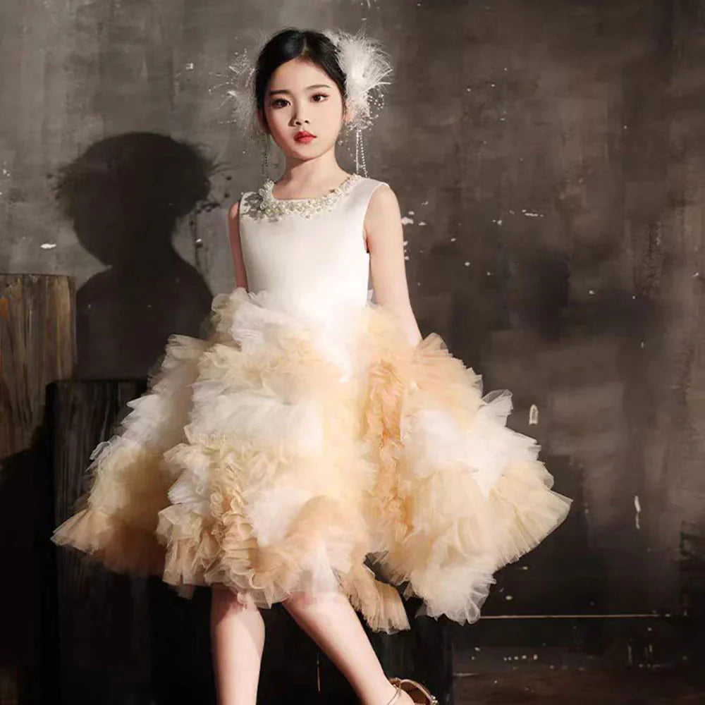 Luxury Champagne Arabic Girl Dress Pearls Dubai Kids J259