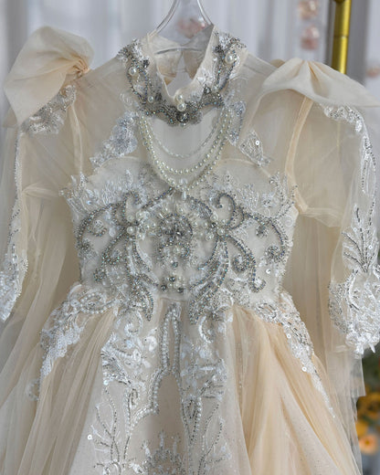 Luxury Champagne Beaded Girl Dress Long Sleeve J337