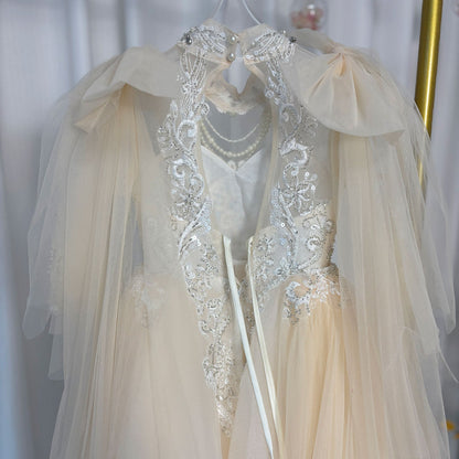 Luxury Champagne Beaded Girl Dress Long Sleeve J337