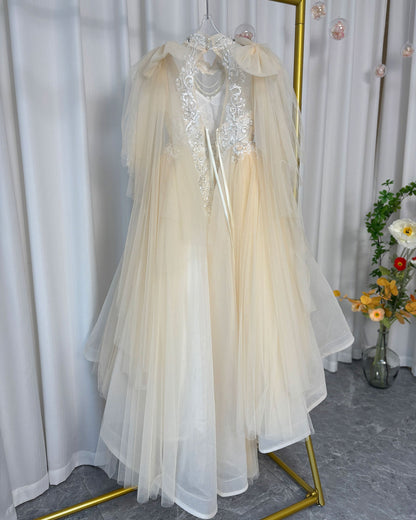 Luxury Champagne Beaded Girl Dress Long Sleeve J337