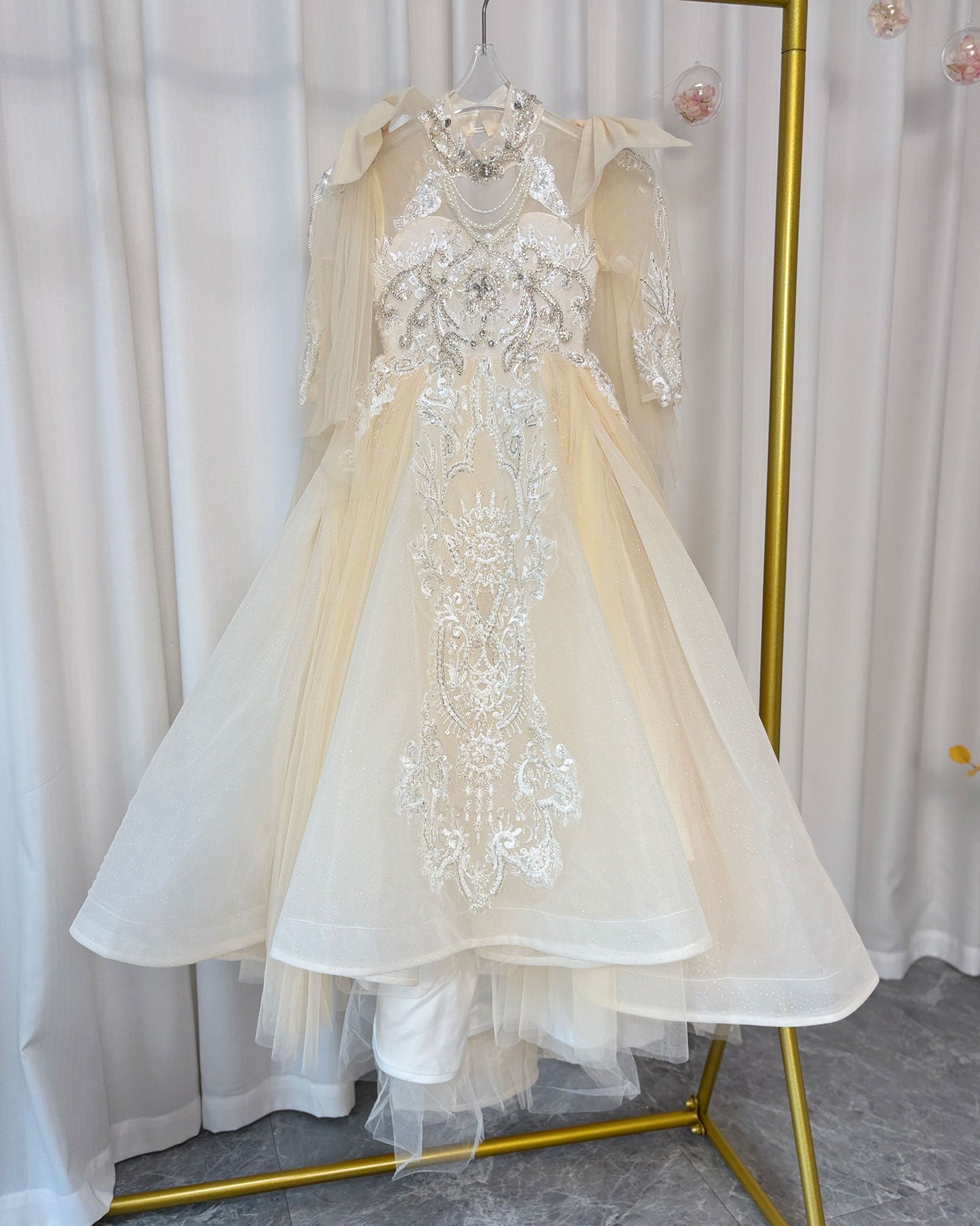 Luxury Champagne Beaded Girl Dress Long Sleeve J337