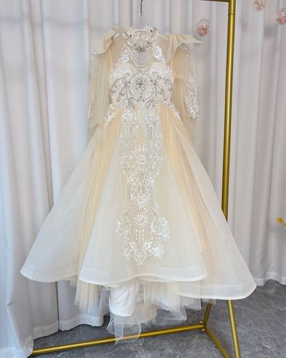 Luxury Champagne Beaded Girl Dress Long Sleeve J337