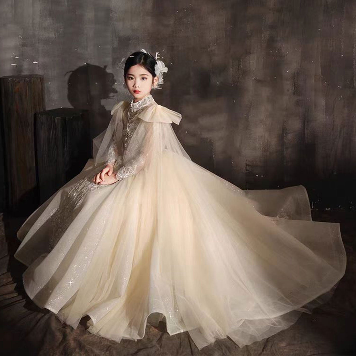 Luxury Champagne Beaded Girl Dress Long Sleeve J337