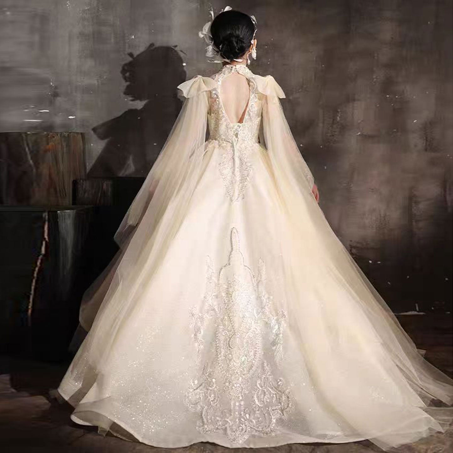 Luxury Champagne Beaded Girl Dress Long Sleeve J337