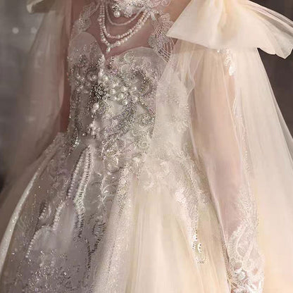 Luxury Champagne Beaded Girl Dress Long Sleeve J337