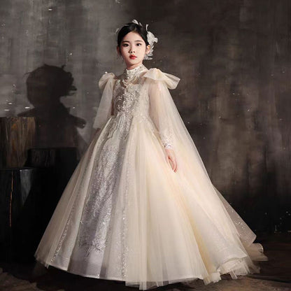 Luxury Champagne Beaded Girl Dress Long Sleeve J337