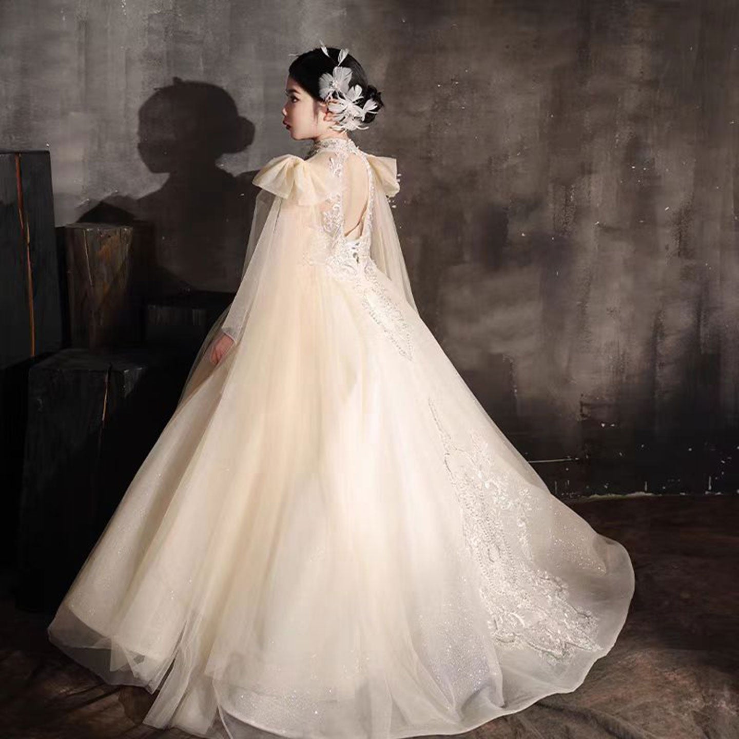 Luxury Champagne Beaded Girl Dress Long Sleeve J337