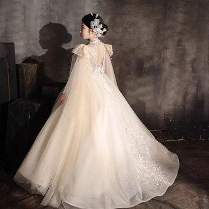 Luxury Champagne Beaded Girl Dress Long Sleeve J337