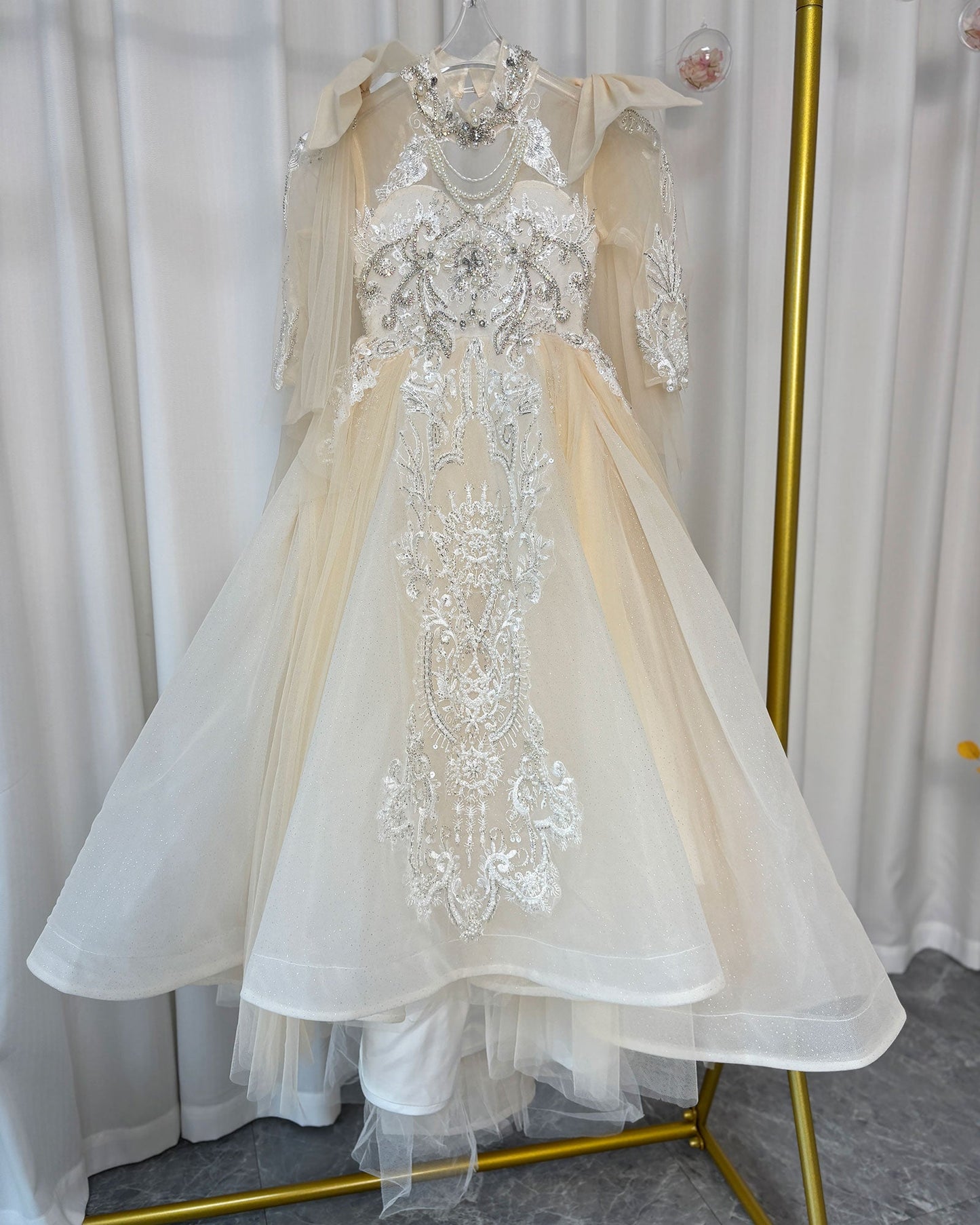 Luxury Champagne Beaded Girl Dress Long Sleeve J337