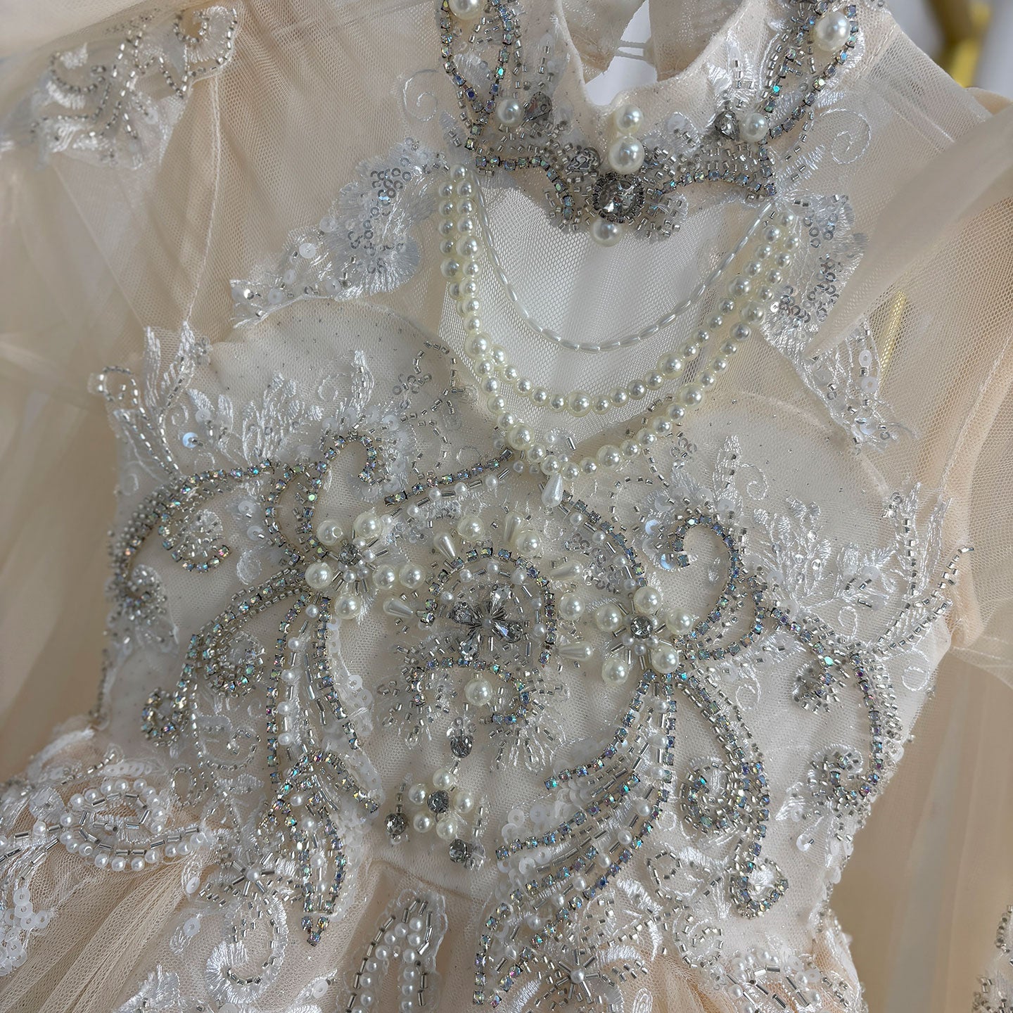 Luxury Champagne Beaded Girl Dress Long Sleeve J337