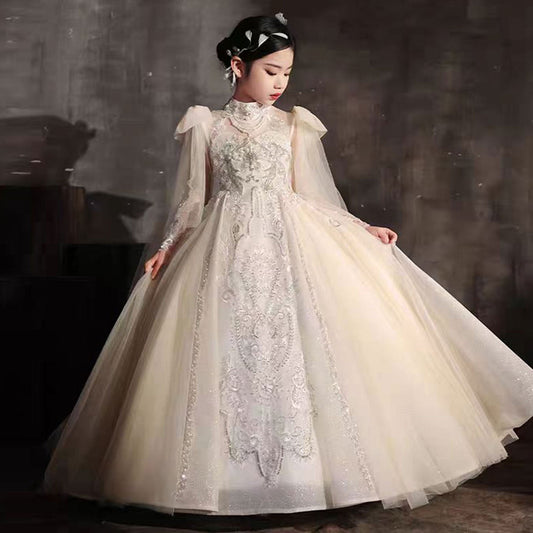 Luxury Champagne Beaded Girl Dress Long Sleeve J337