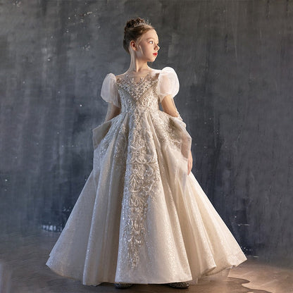 Luxury Champagne Girl Bridesmaides Dress Floor Length J185