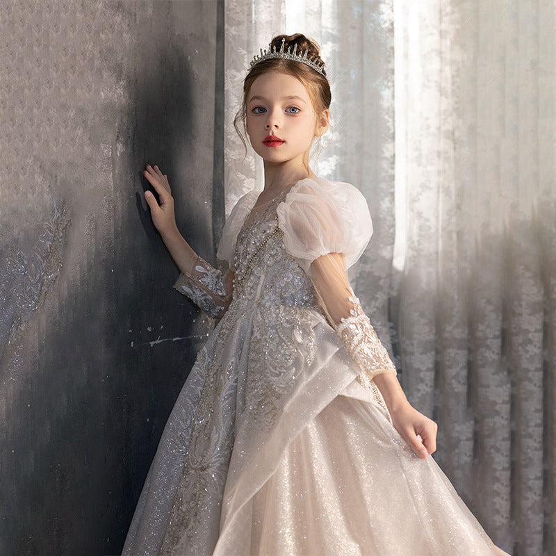 Luxury Champagne Girl Bridesmaides Dress Floor Length J185