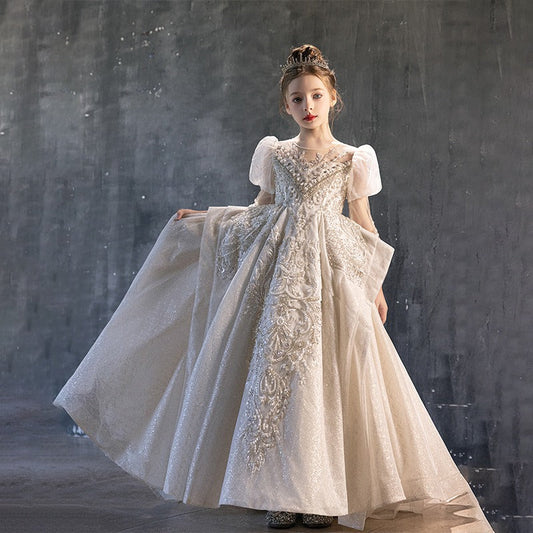 Luxury Champagne Girl Bridesmaides Dress Floor Length J185