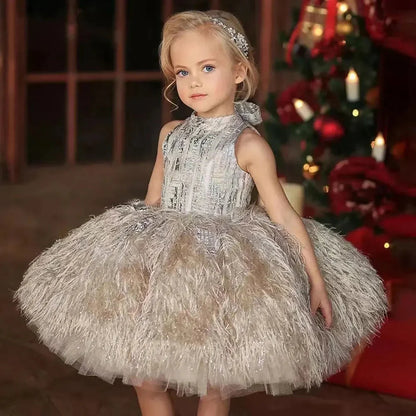 Luxury Champagne Girl Dress Feathers Dubai Kids Pink J323